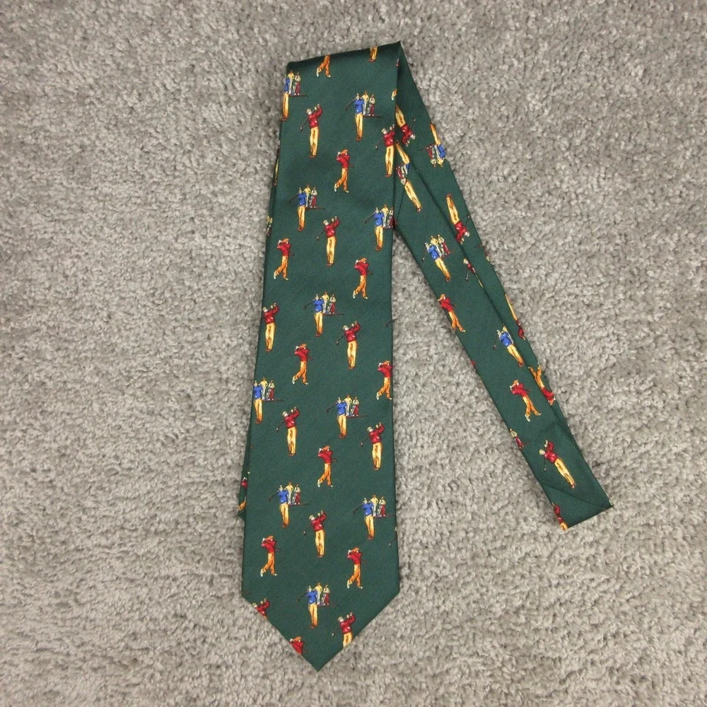 Vintage Polo Ralph Lauren Tie Mens Green Golfer Printed Silk Made In USA Novelty